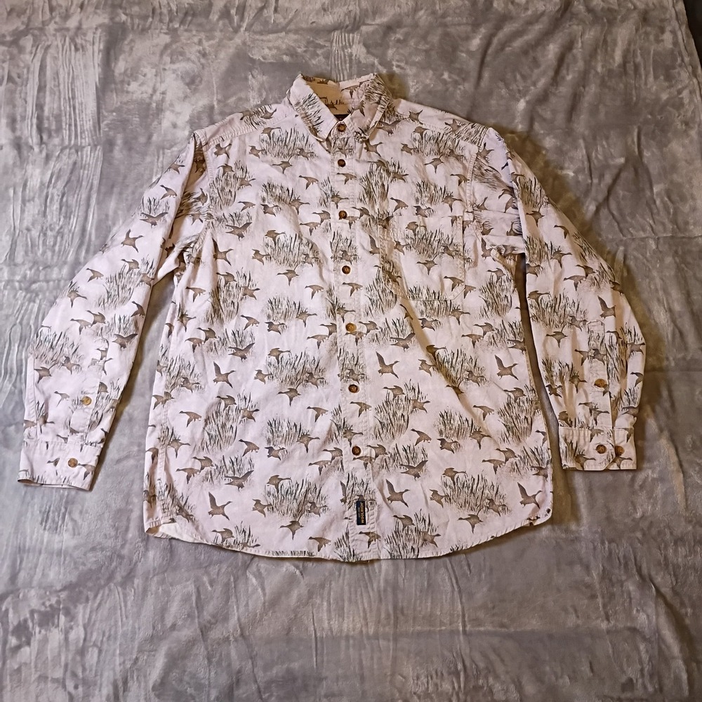 Woolrich Mens Khaki Mallard Ducks Print Cotton Button Down Shirt Size M 6047